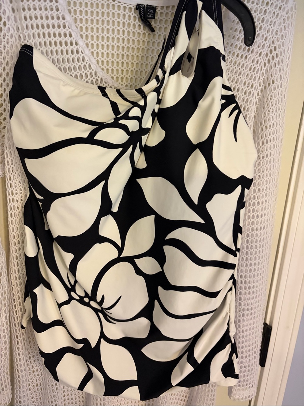 One-Shoulder Black & White Floral Swim Tankini Top